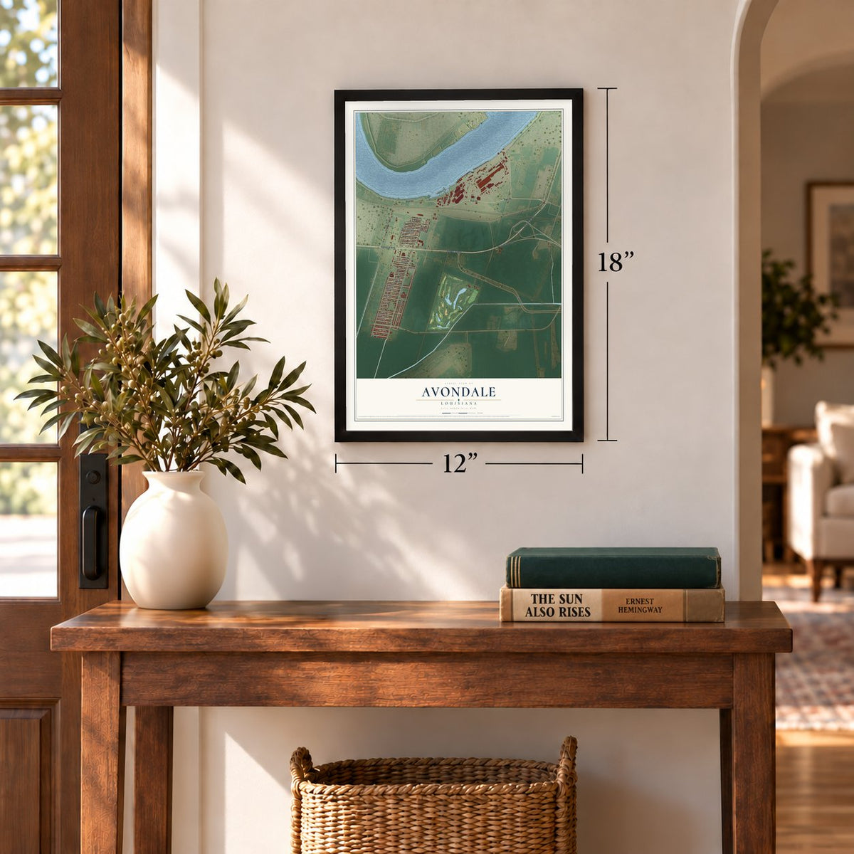 Avondale, Louisiana map, 12 x 18 inch print in a black frame in an entryway