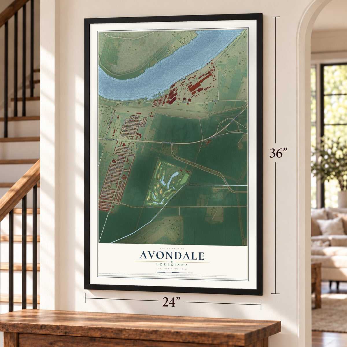 Avondale, Louisiana map, 24 x 36 inch print in a black frame by a staircase