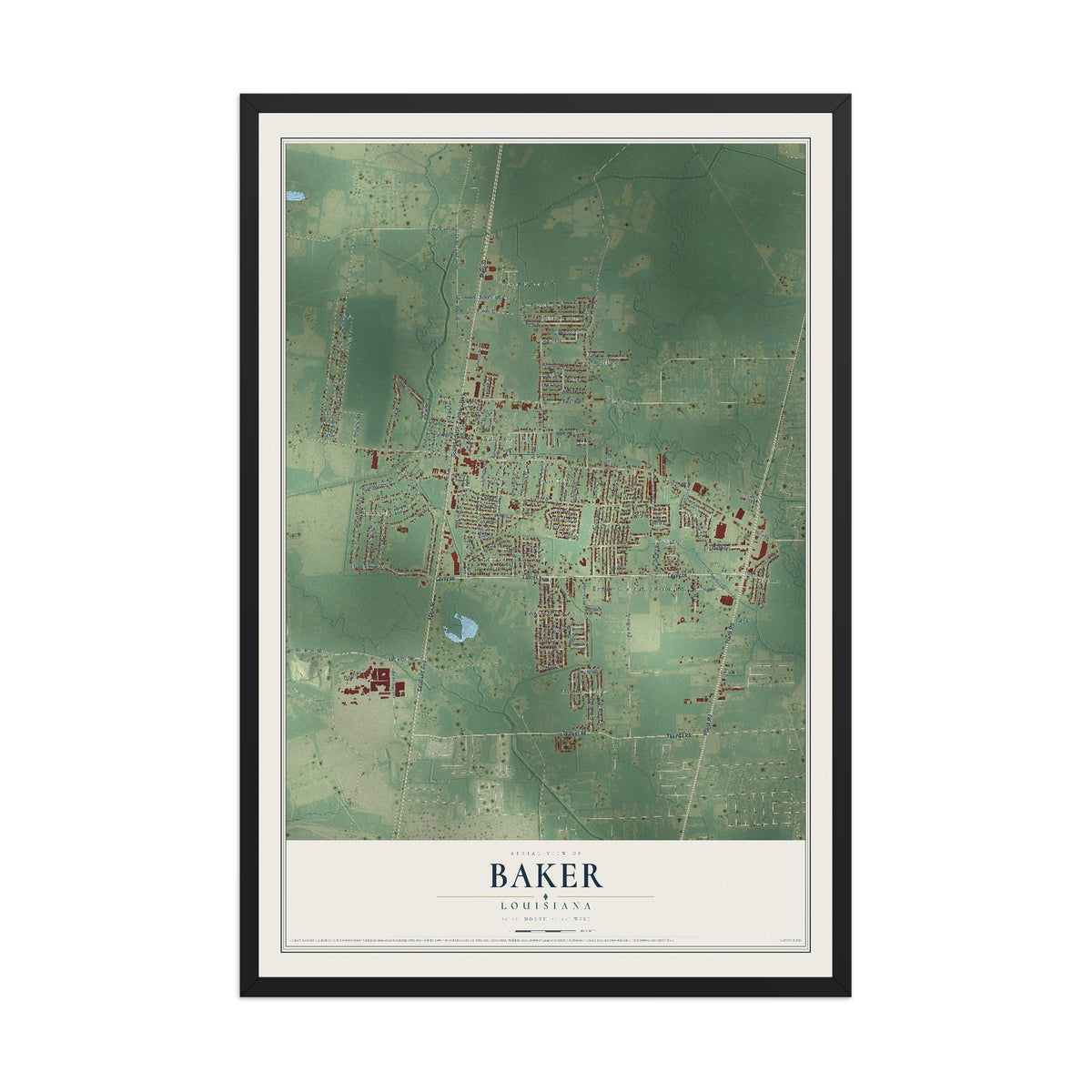 Map of Baker, Louisiana, 12 x 18 inch print in a black wood frame