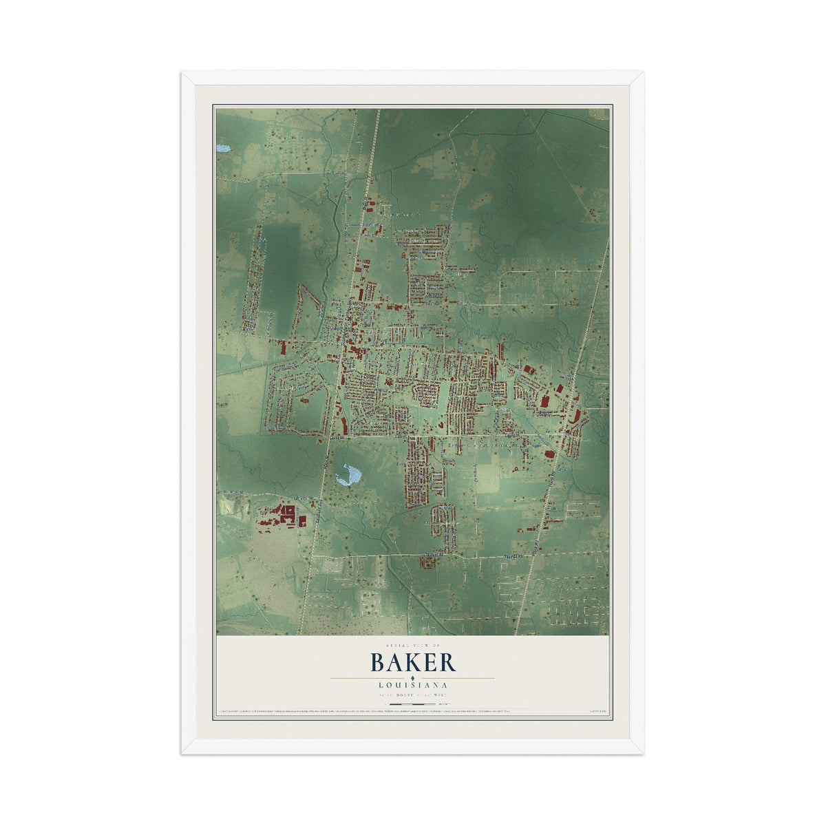 Map of Baker, Louisiana, 12 x 18 inch print in a white wood frame