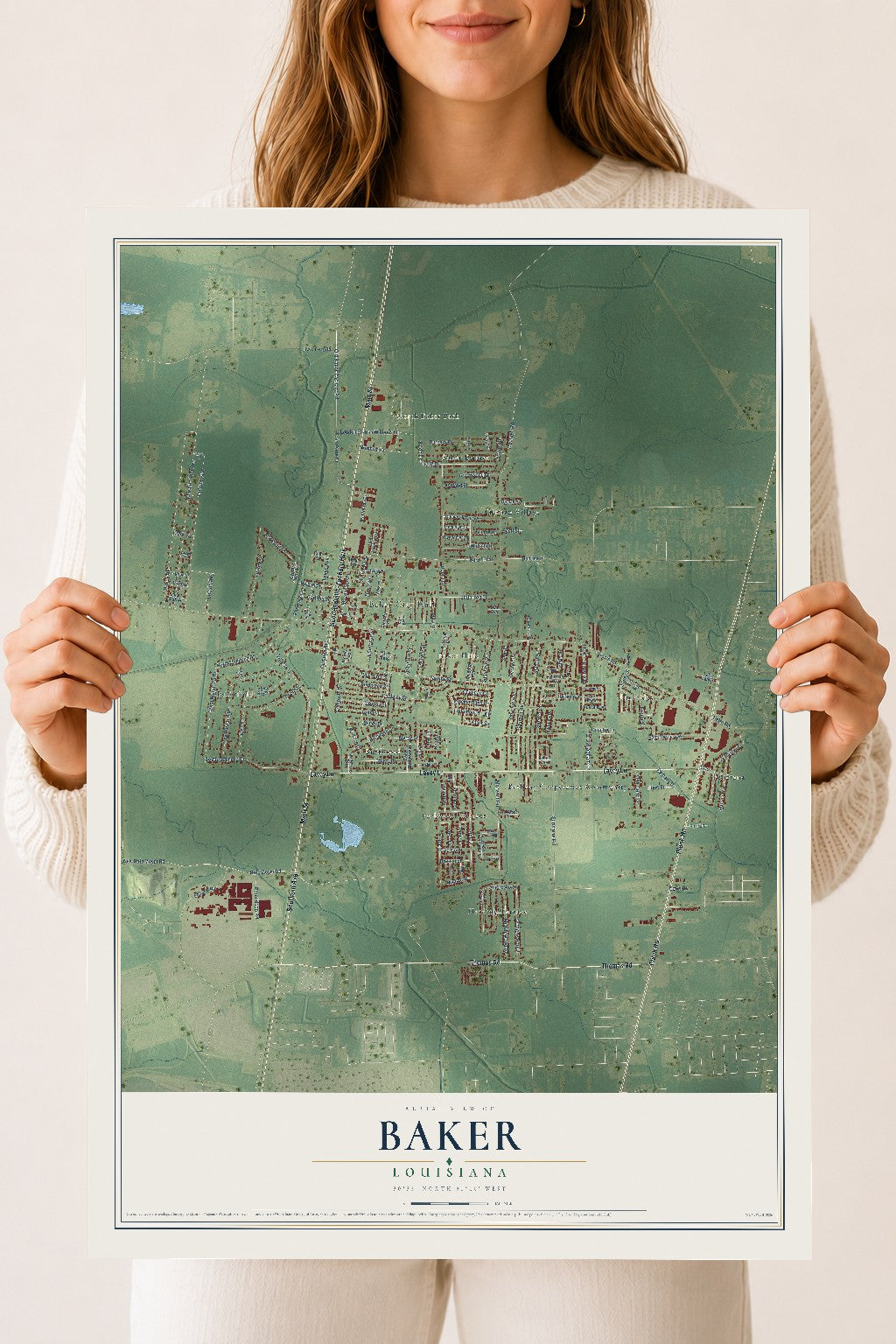Map of Baker, Louisiana, 18 x 24 inch unframed archival matte print
