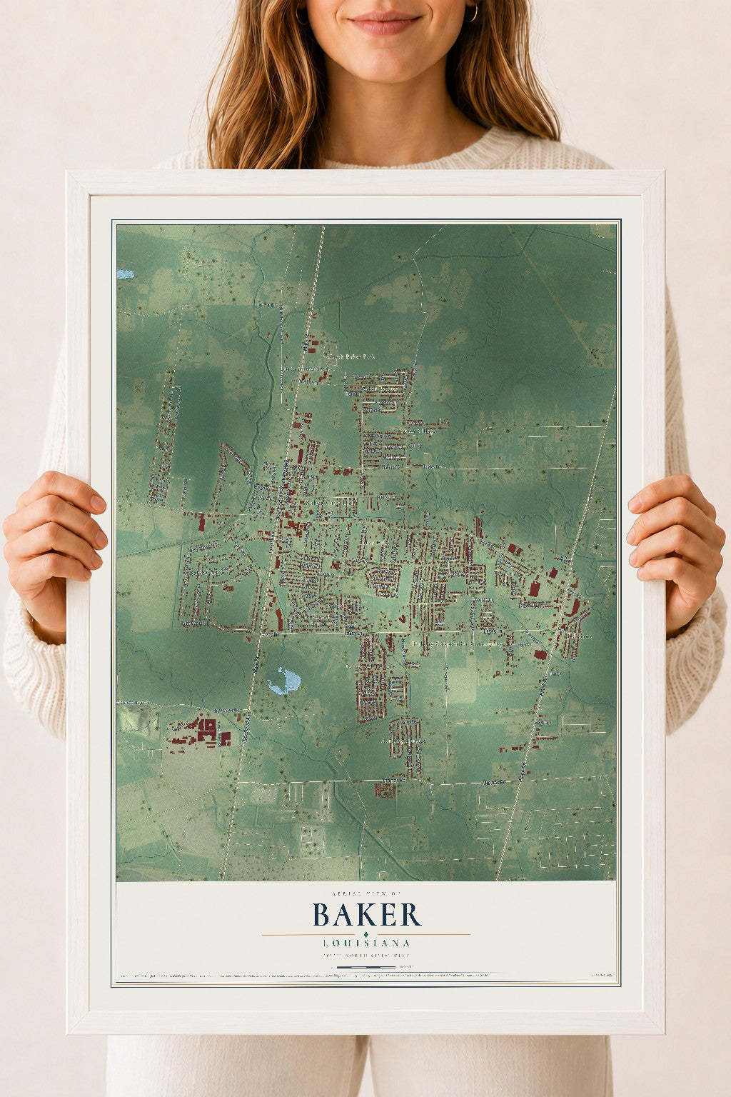 Map of Baker, Louisiana, 18 x 24 inch print in a white wood frame