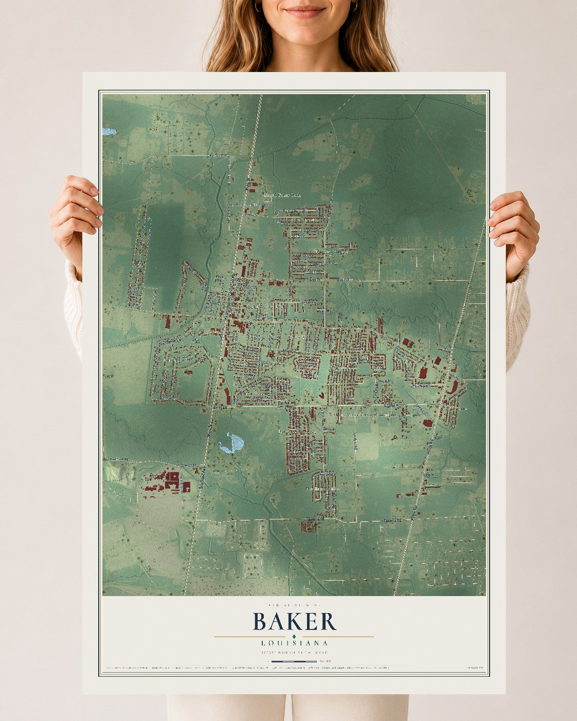Map of Baker, Louisiana, 24 x 36 inch unframed archival matte print