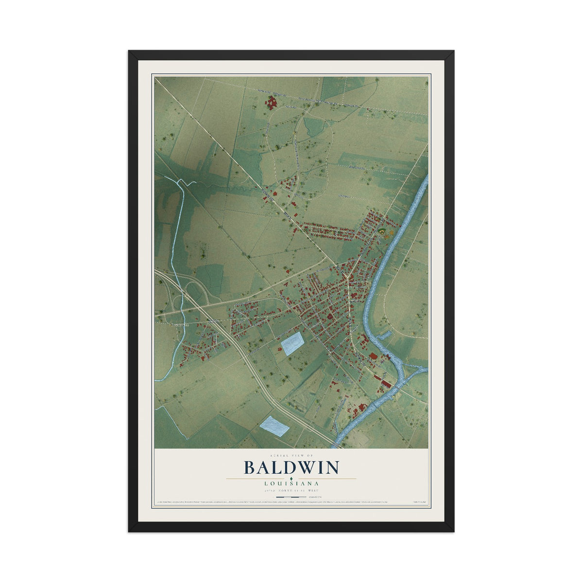 Map of Baldwin, Louisiana, 12 x 18 inch print in a black wood frame