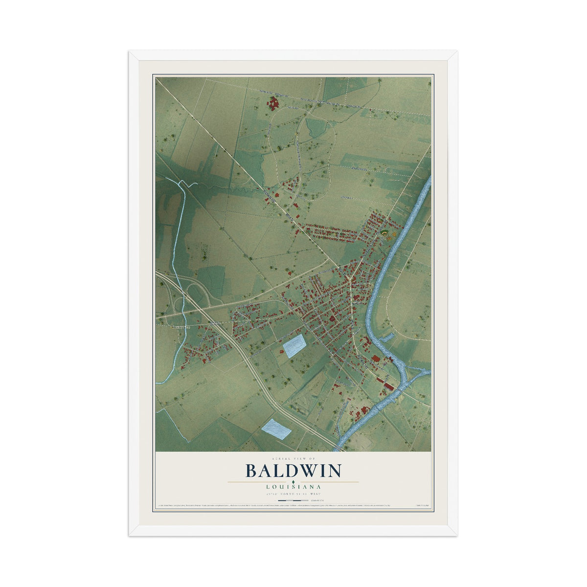 Map of Baldwin, Louisiana, 12 x 18 inch print in a white wood frame