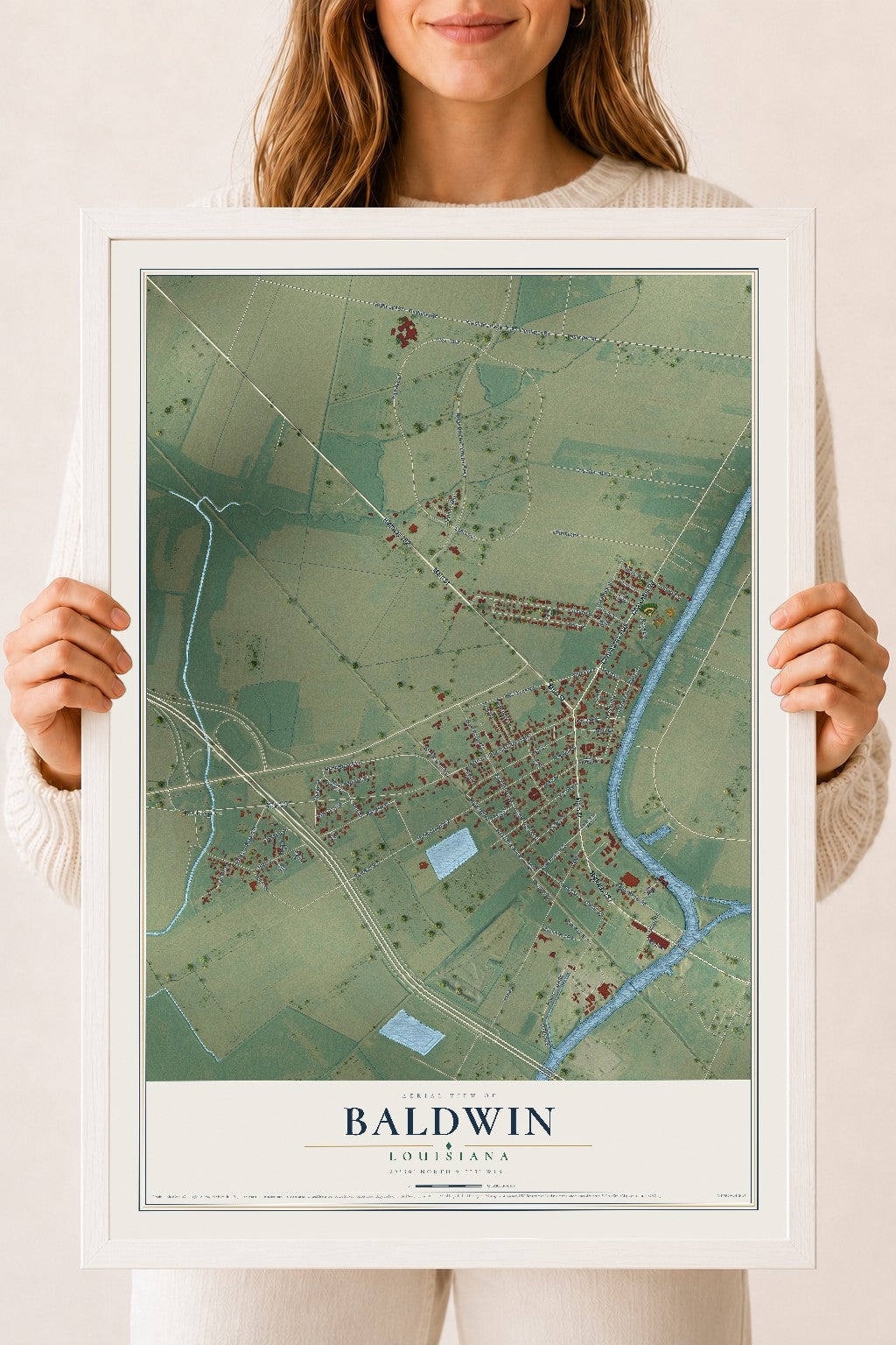 Map of Baldwin, Louisiana, 18 x 24 inch print in a white wood frame
