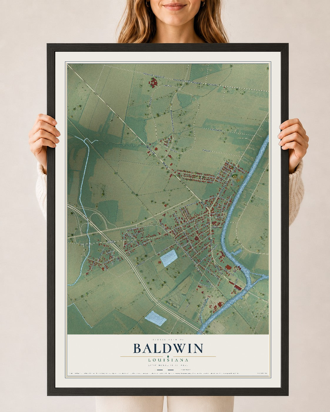 Map of Baldwin, Louisiana, 24 x 36 inch print in a black wood frame