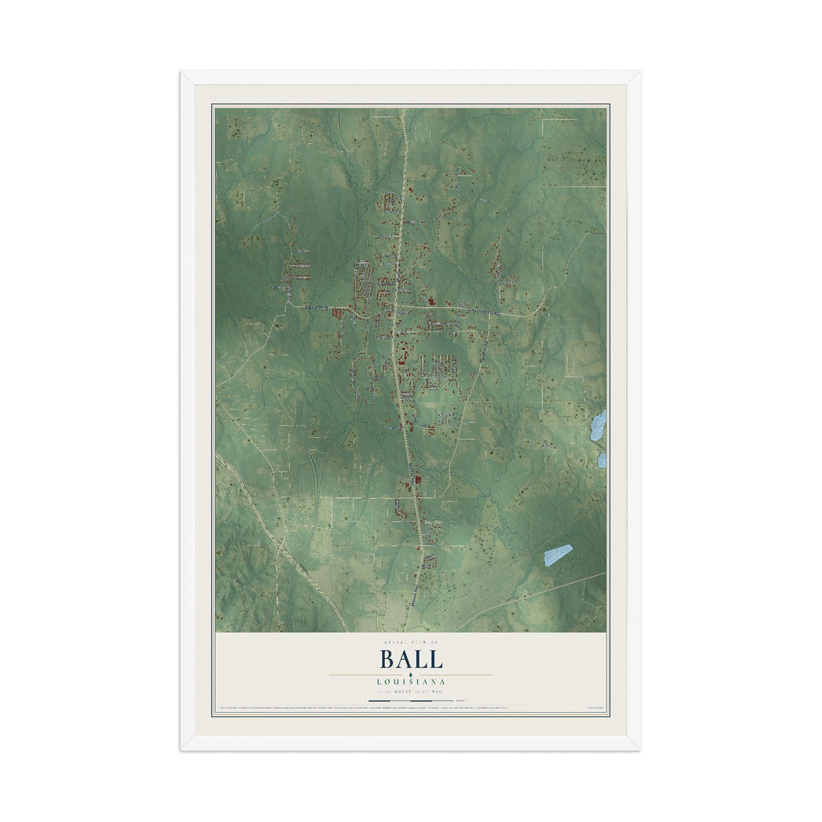Map of Ball, Louisiana, 12 x 18 inch print in a white wood frame