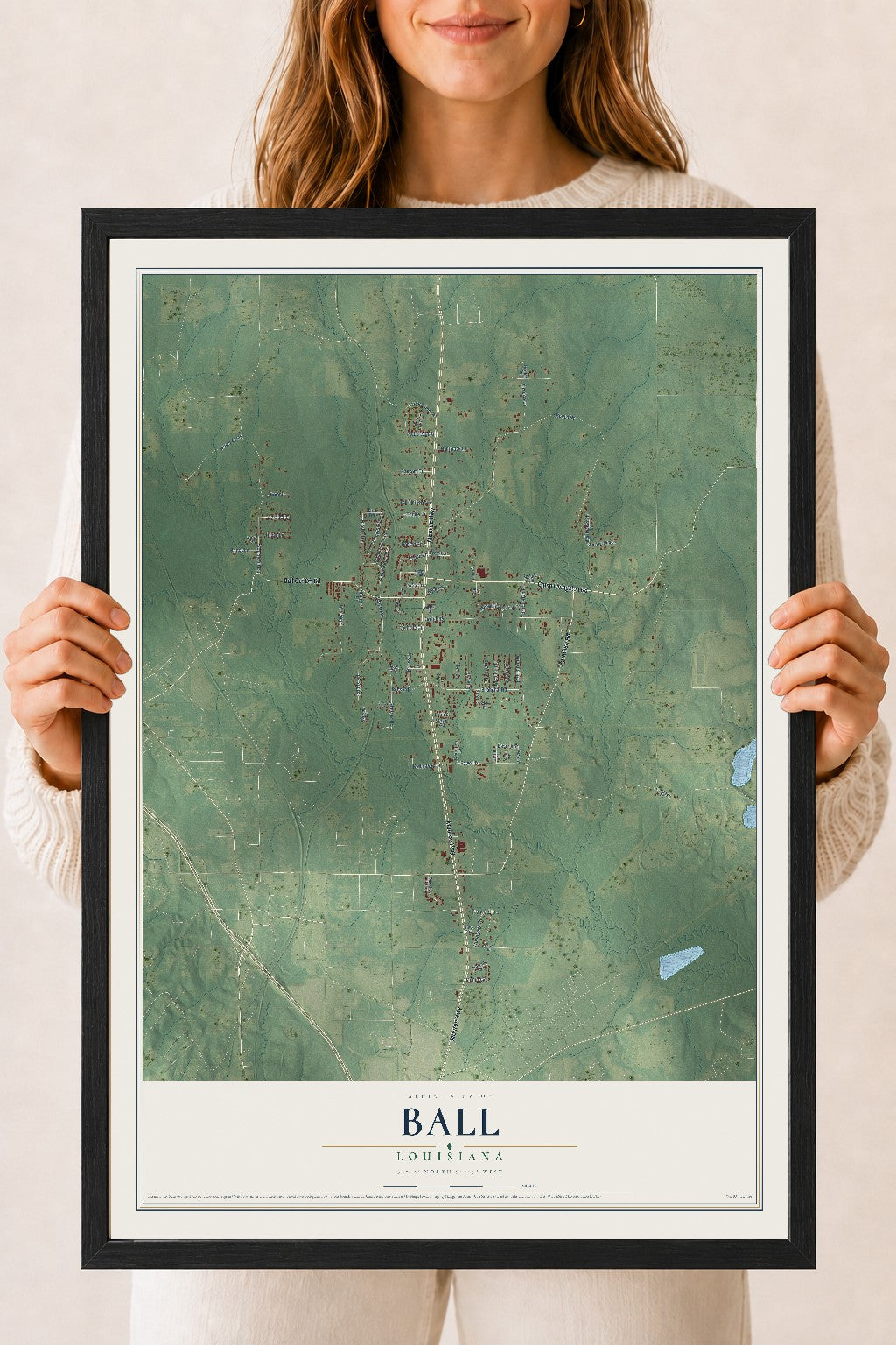 Map of Ball, Louisiana, 18 x 24 inch print in a black wood frame