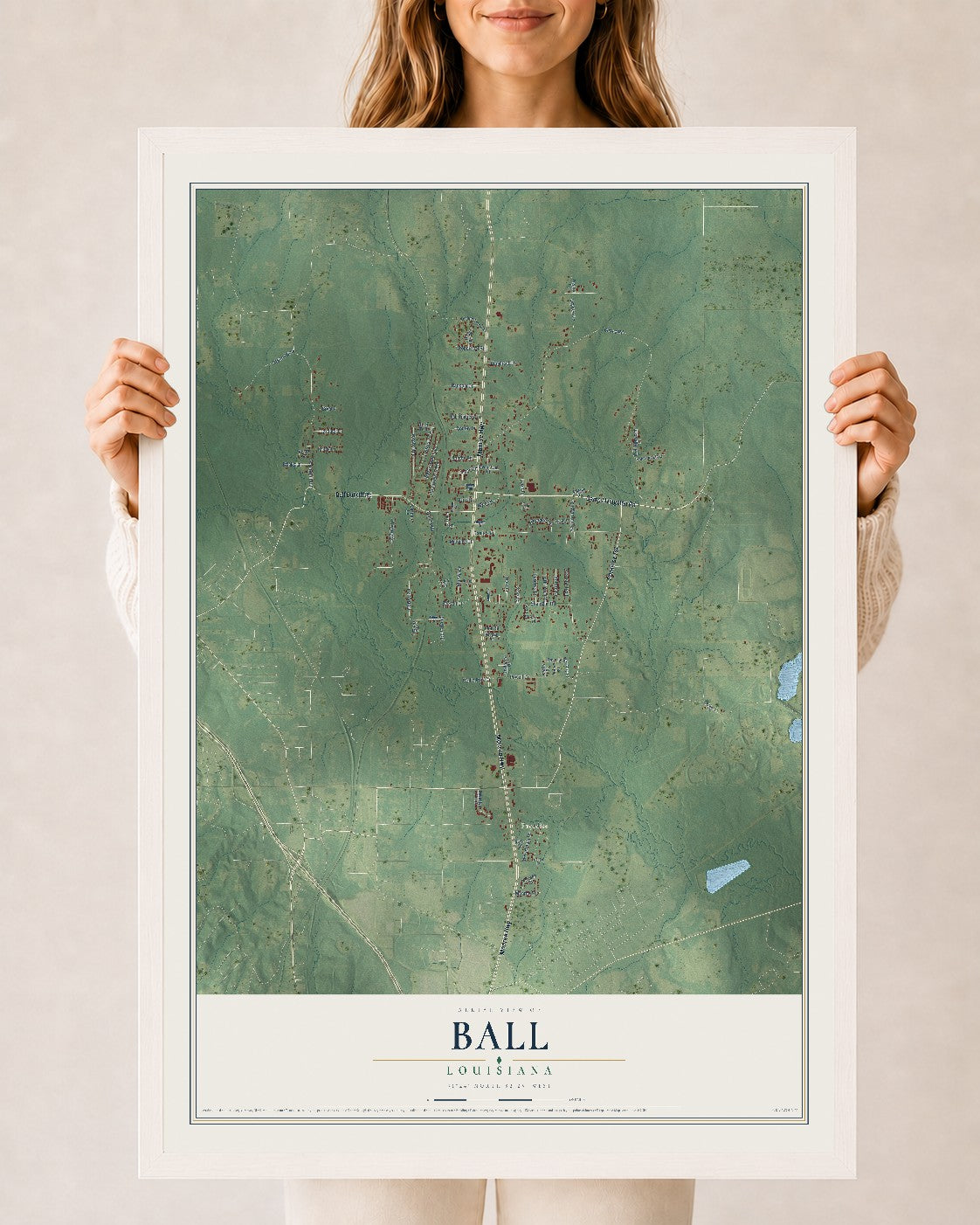 Map of Ball, Louisiana, 24 x 36 inch print in a white wood frame
