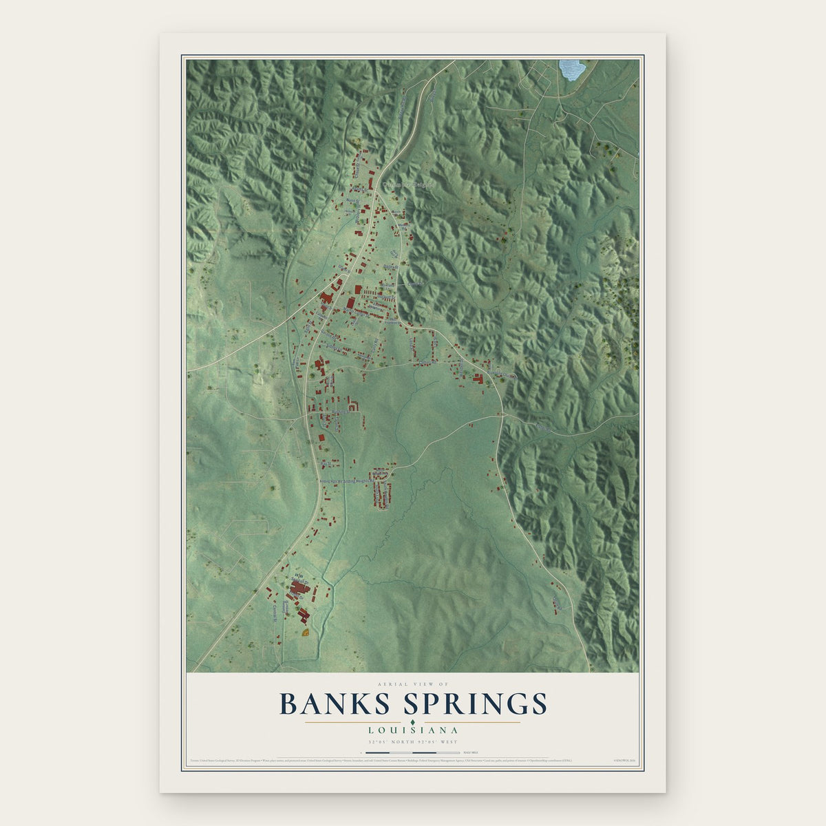 Banks Springs, Louisiana map print, the full design