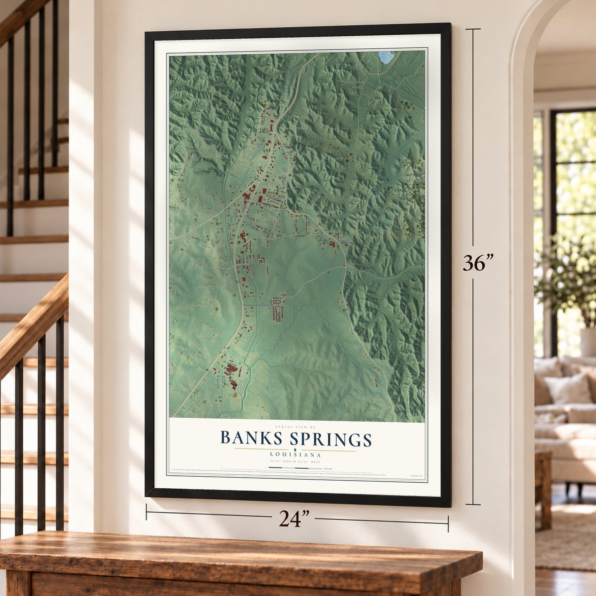 Banks Springs, Louisiana map, 24 x 36 inch print in a black frame by a staircase