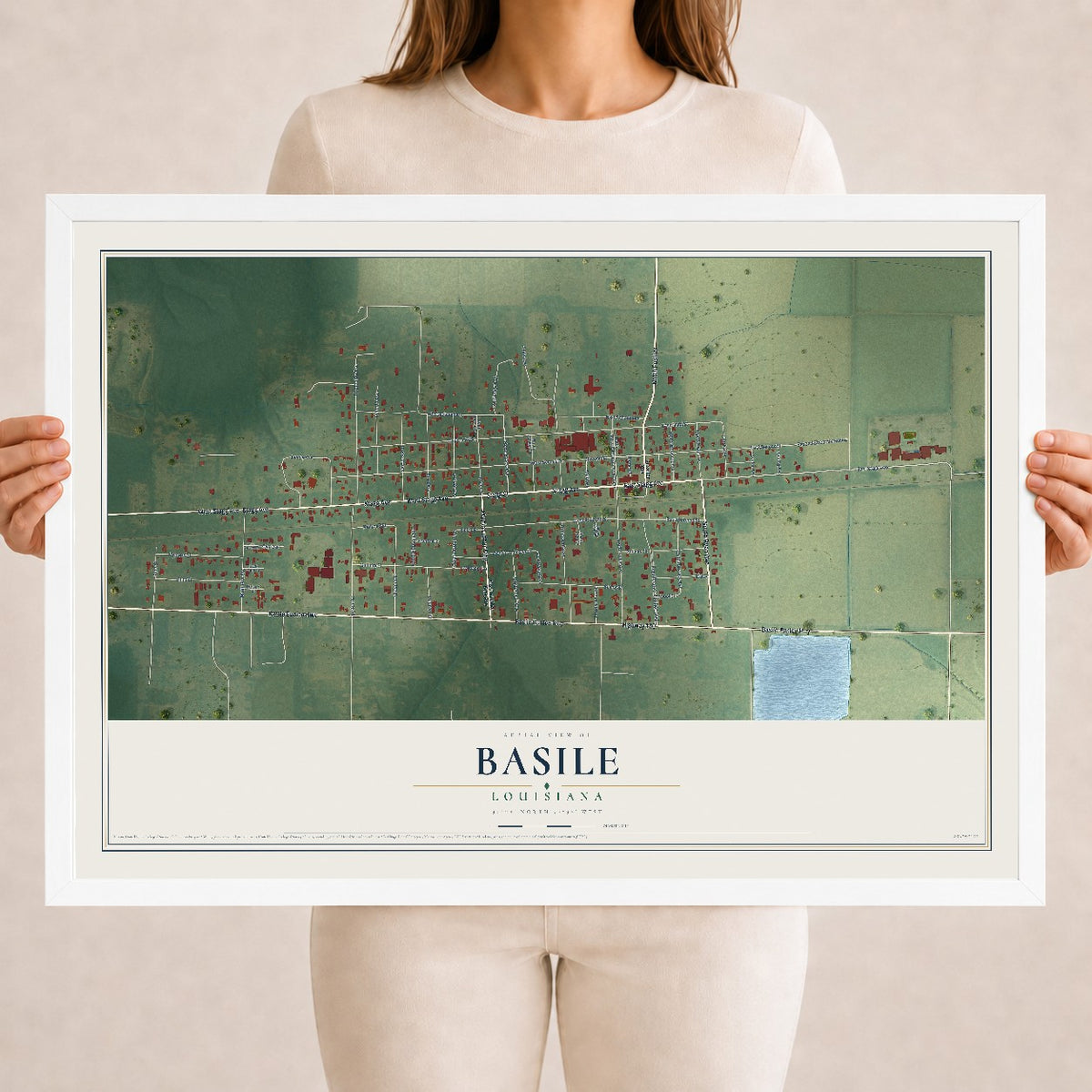 Map of Basile, Louisiana, 18 x 24 inch print in a white wood frame