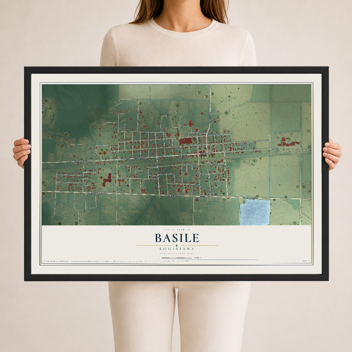 Map of Basile, Louisiana, 24 x 36 inch print in a black wood frame