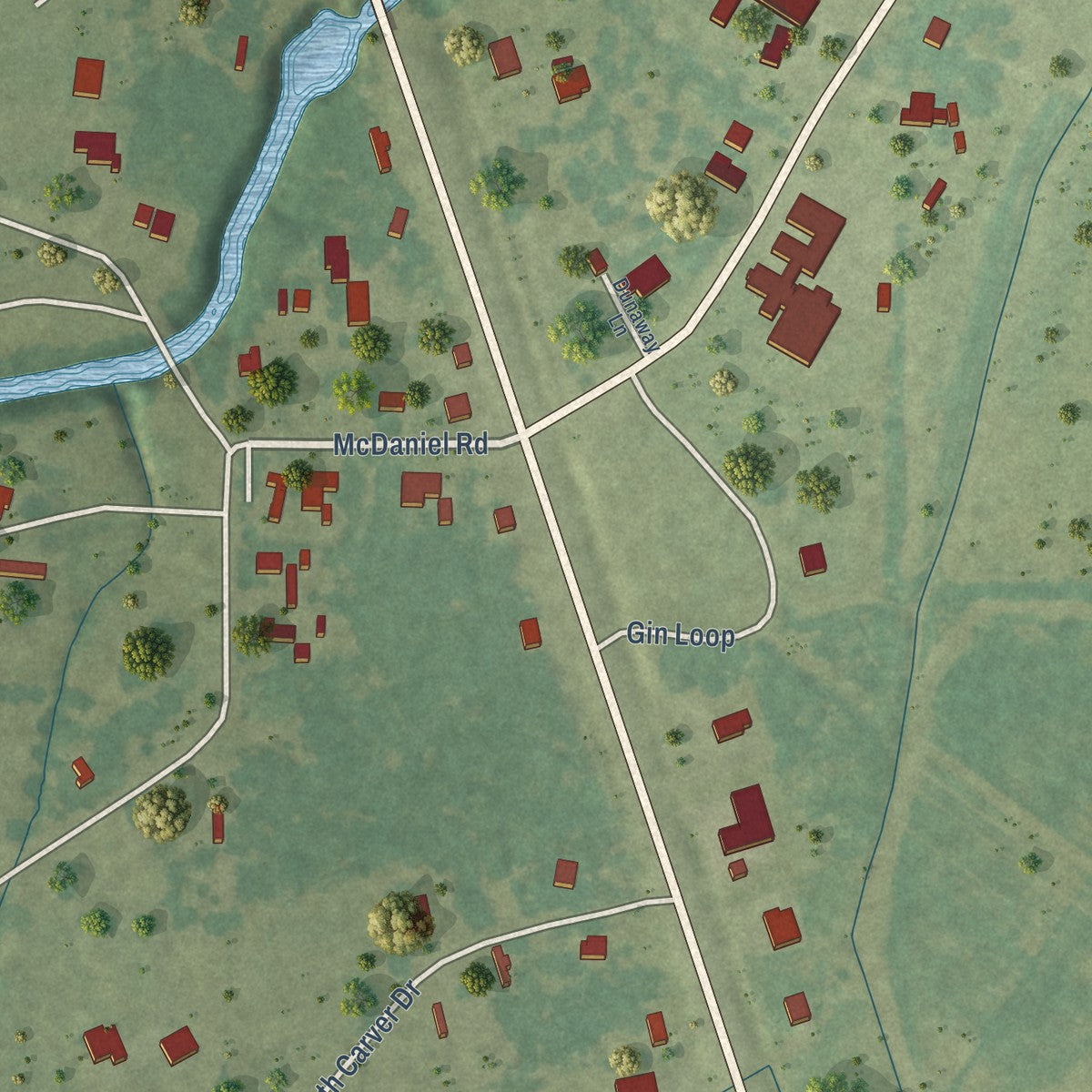 Close-up of the map of Baskin, Louisiana print showing street and building detail