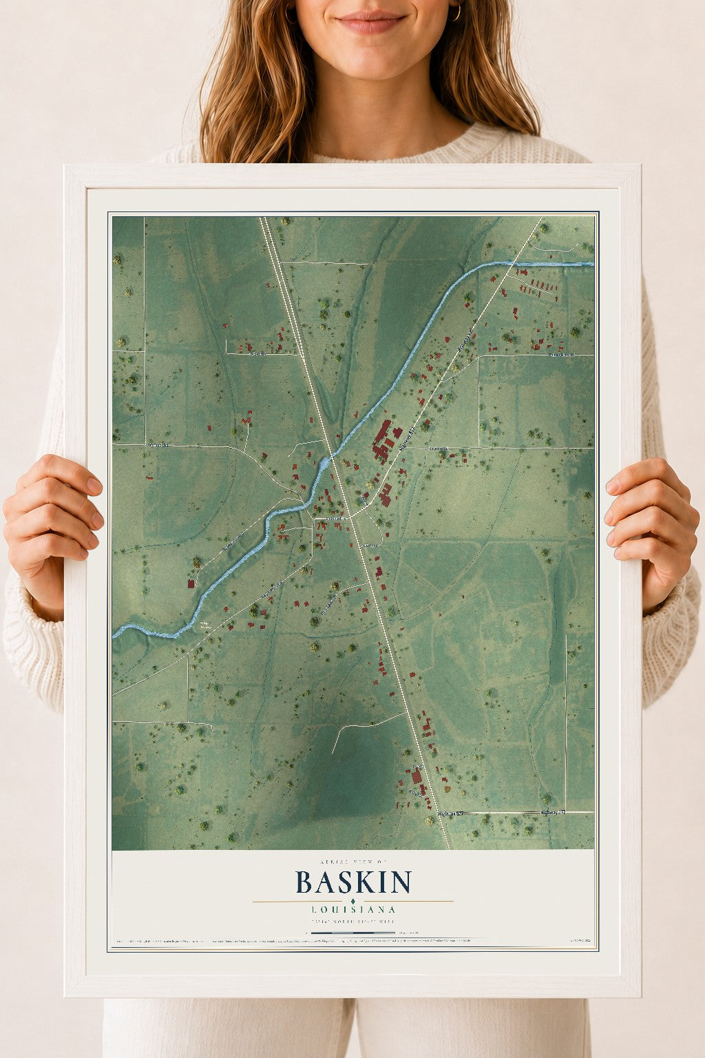 Map of Baskin, Louisiana, 18 x 24 inch print in a white wood frame