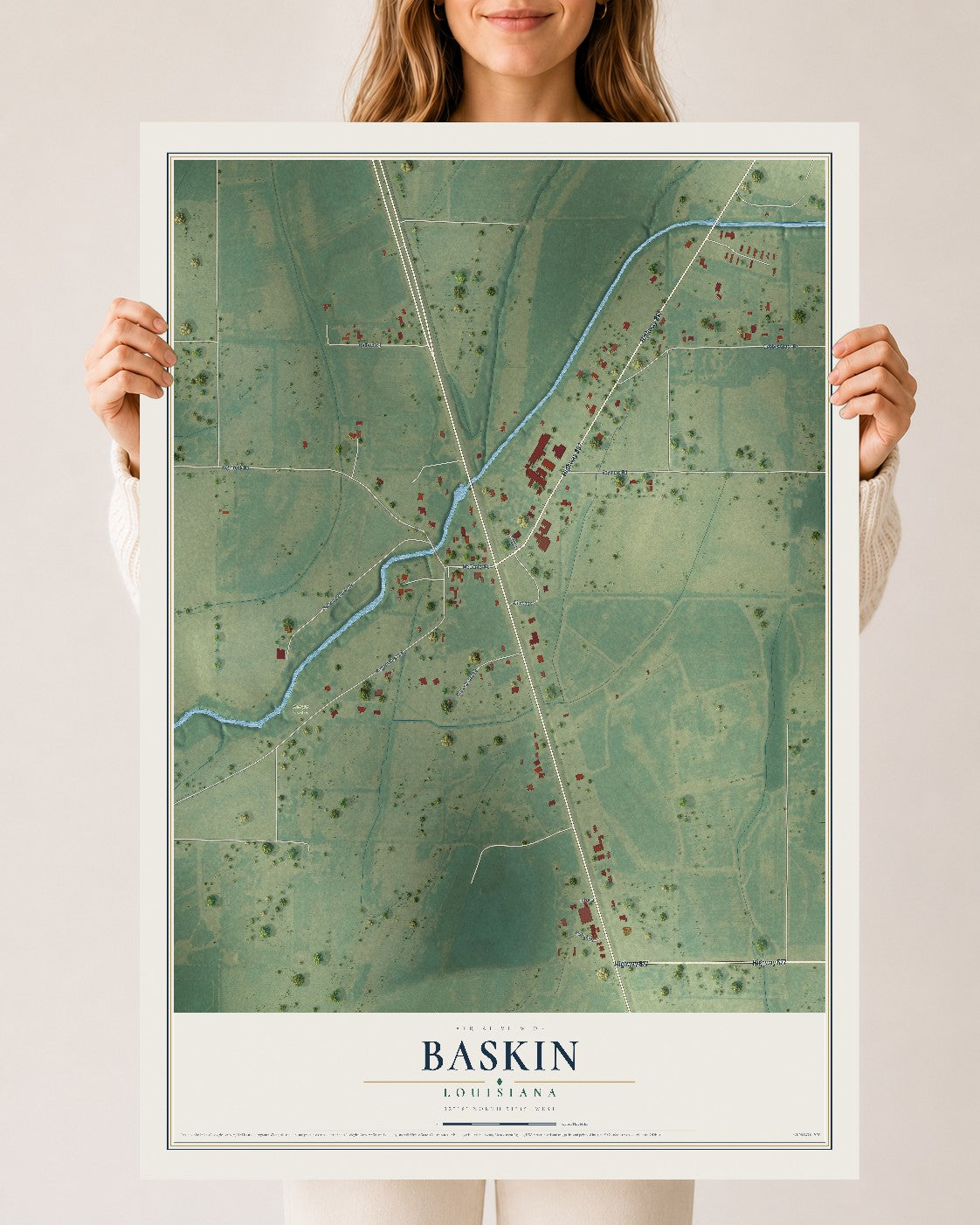 Map of Baskin, Louisiana, 24 x 36 inch unframed archival matte print
