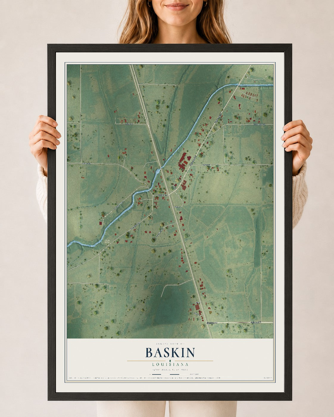 Map of Baskin, Louisiana, 24 x 36 inch print in a black wood frame