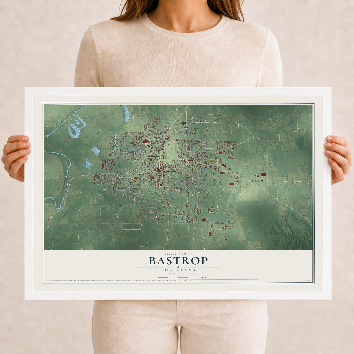 Map of Bastrop, Louisiana, 12 x 18 inch print in a white wood frame