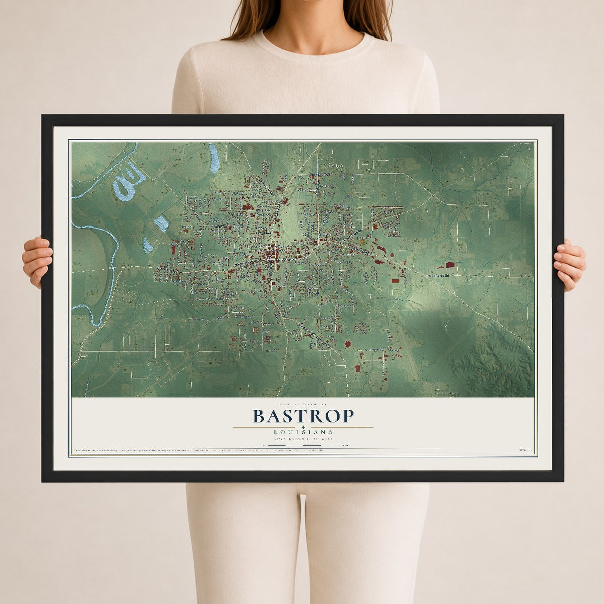 Map of Bastrop, Louisiana, 24 x 36 inch print in a black wood frame