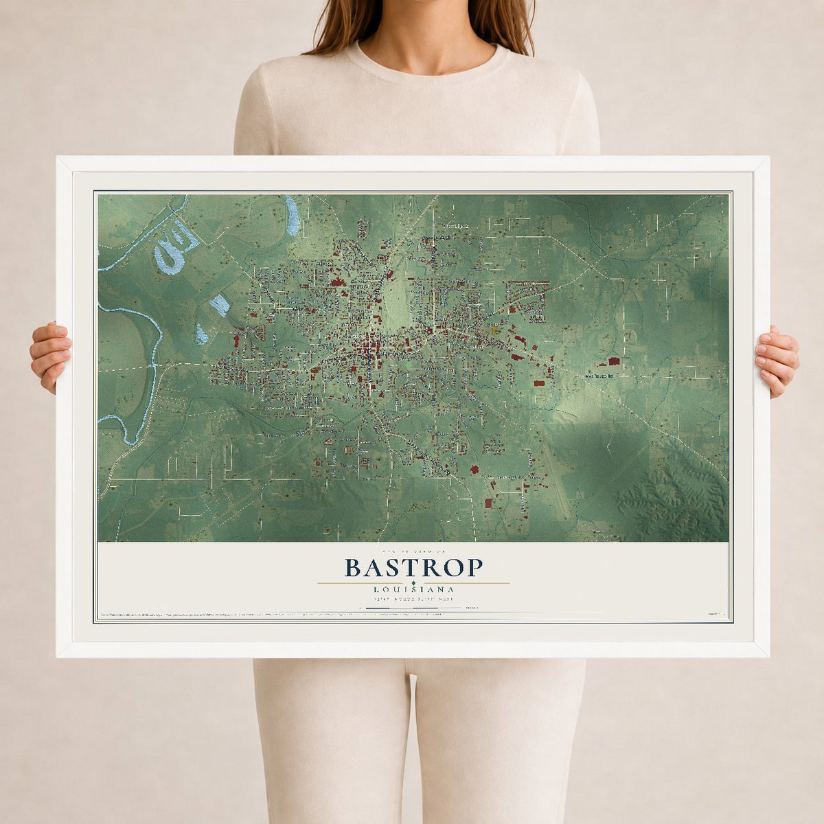 Map of Bastrop, Louisiana, 24 x 36 inch print in a white wood frame