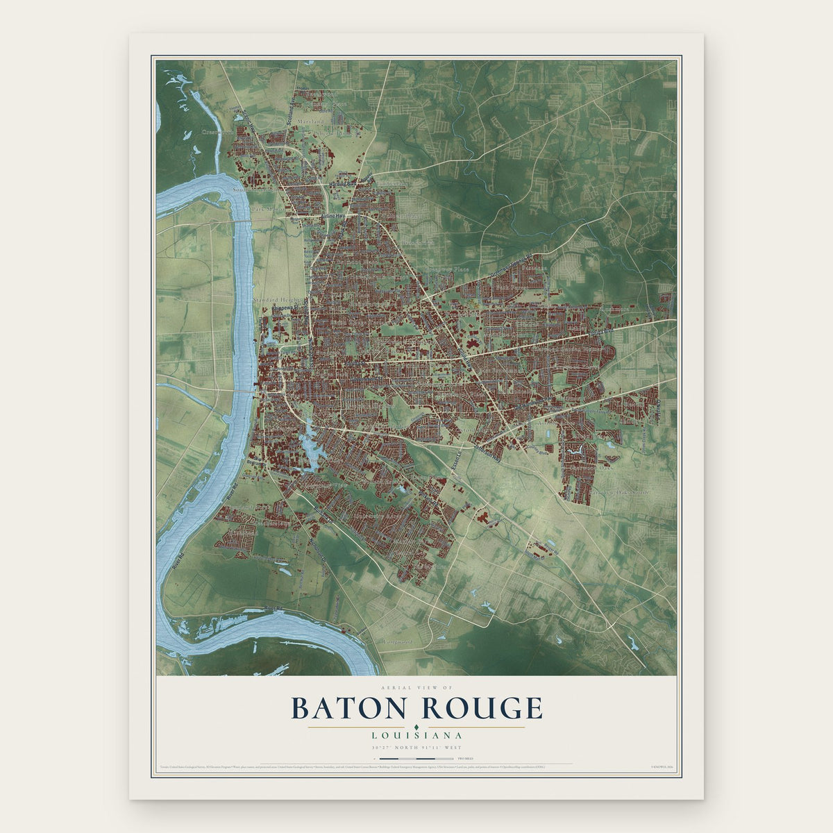 Baton Rouge, Louisiana map print, the full design