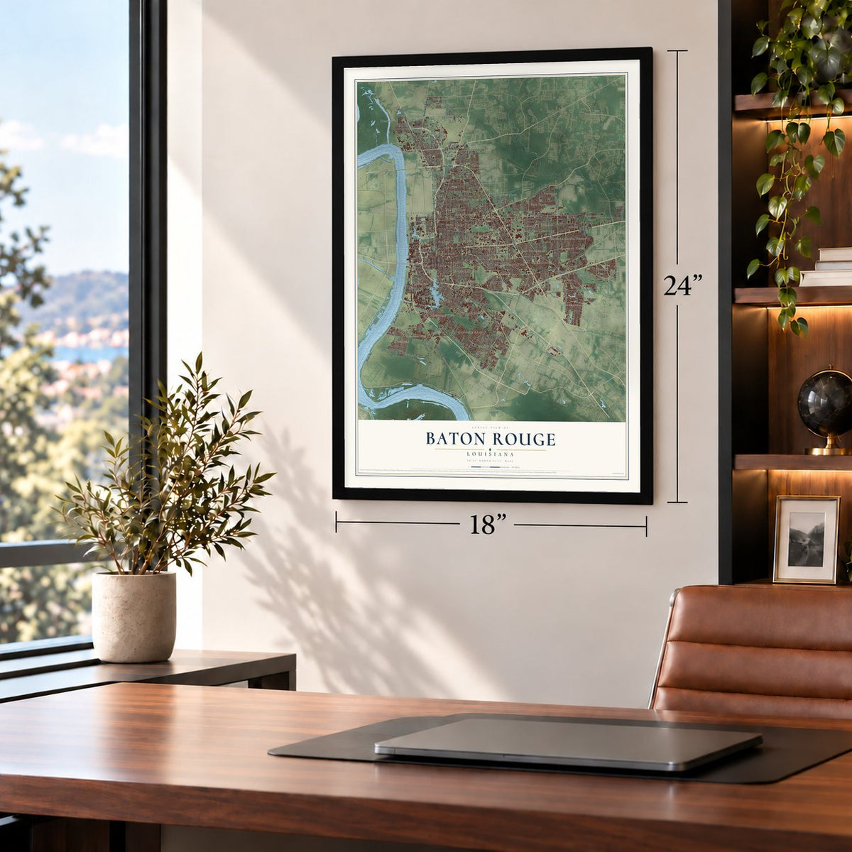 Baton Rouge, Louisiana map, 18 x 24 inch print in a black frame in a home office