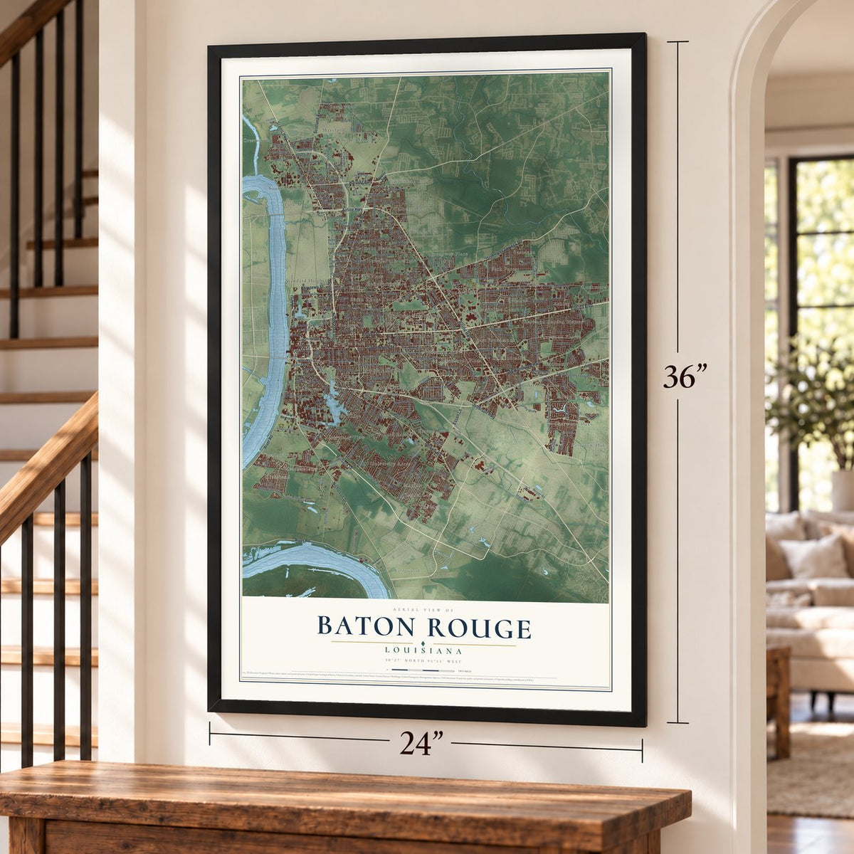 Baton Rouge, Louisiana map, 24 x 36 inch print in a black frame by a staircase