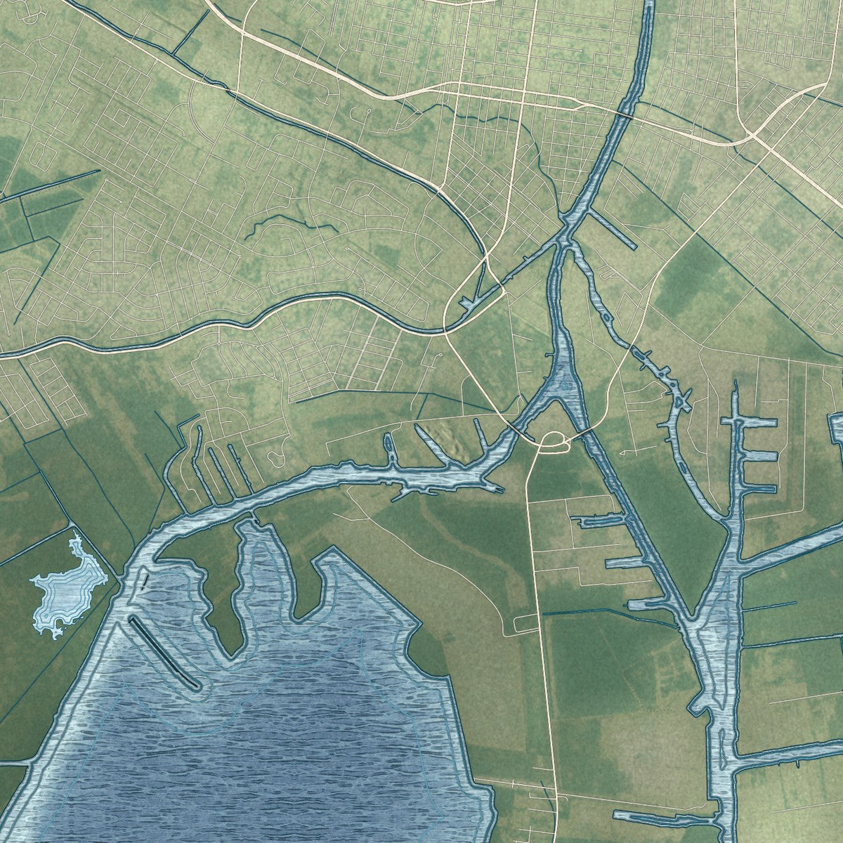 Close-up of the map of Bayou Blue, Louisiana print showing street and building detail