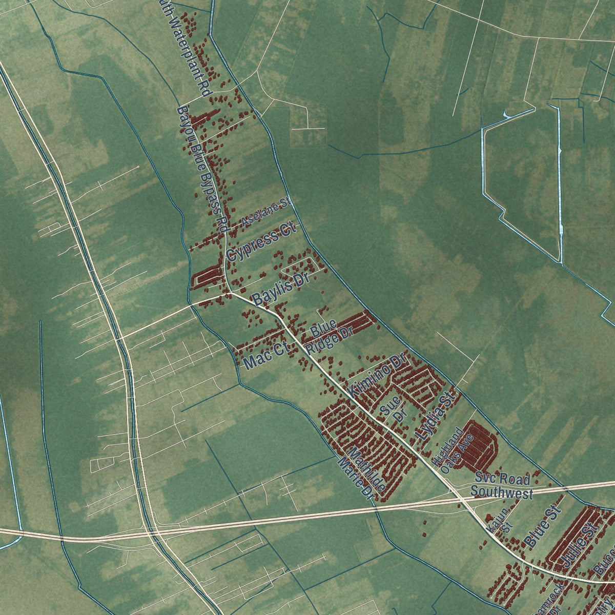 Second close-up of the map of Bayou Blue, Louisiana print showing more streets and buildings