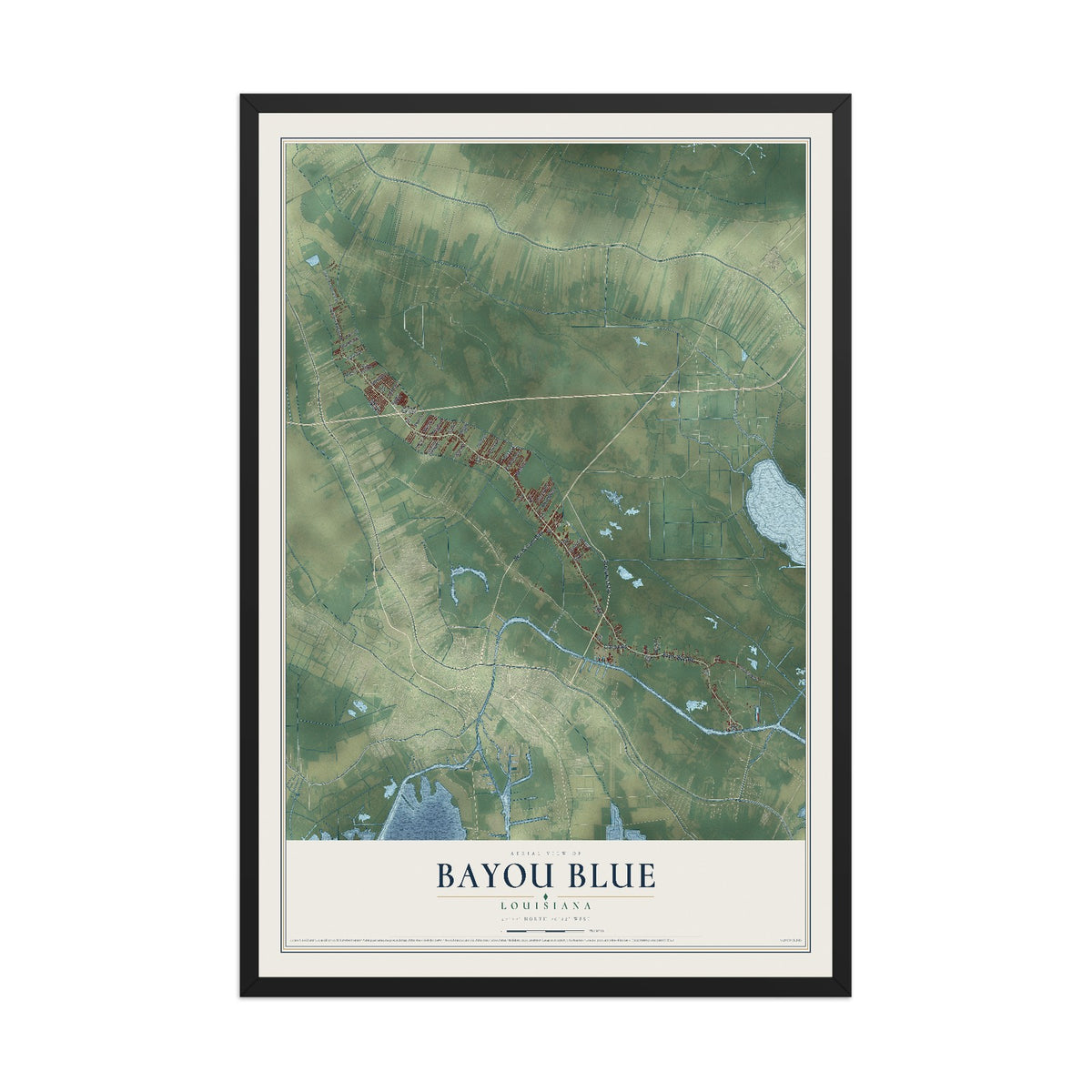 Map of Bayou Blue, Louisiana, 12 x 18 inch print in a black wood frame