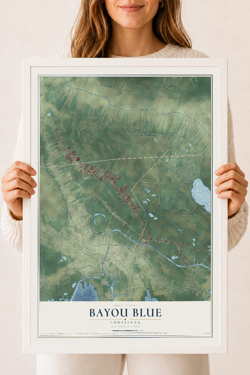 Map of Bayou Blue, Louisiana, 18 x 24 inch print in a white wood frame