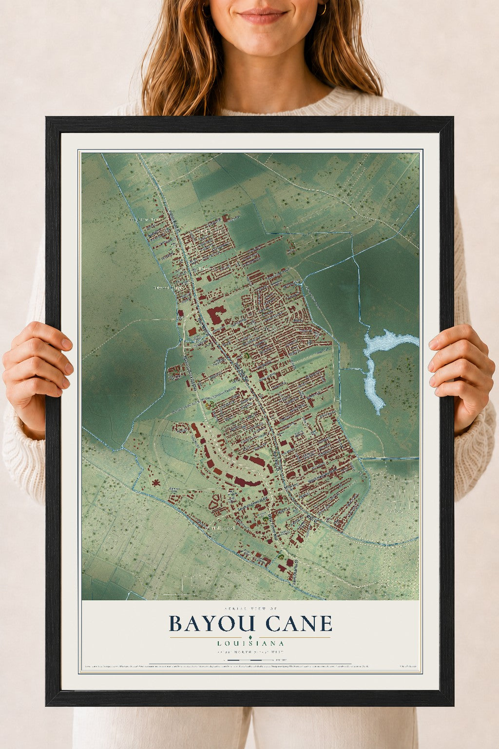 Map of Bayou Cane, Louisiana, 18 x 24 inch print in a black wood frame