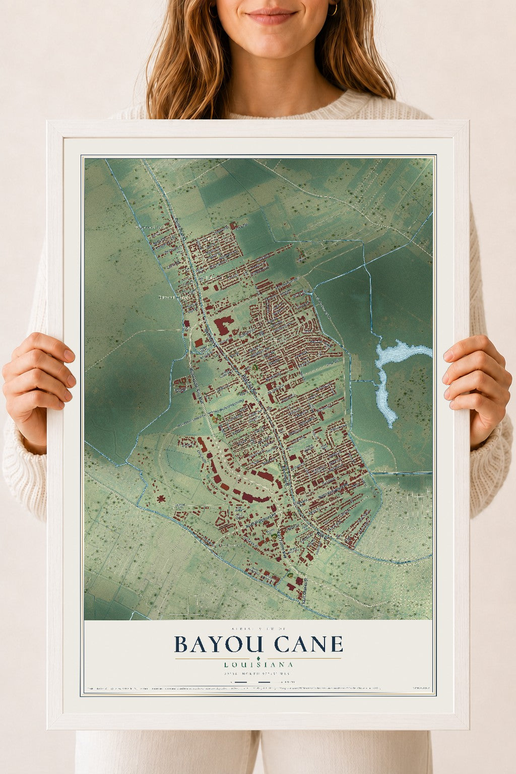 Map of Bayou Cane, Louisiana, 18 x 24 inch print in a white wood frame