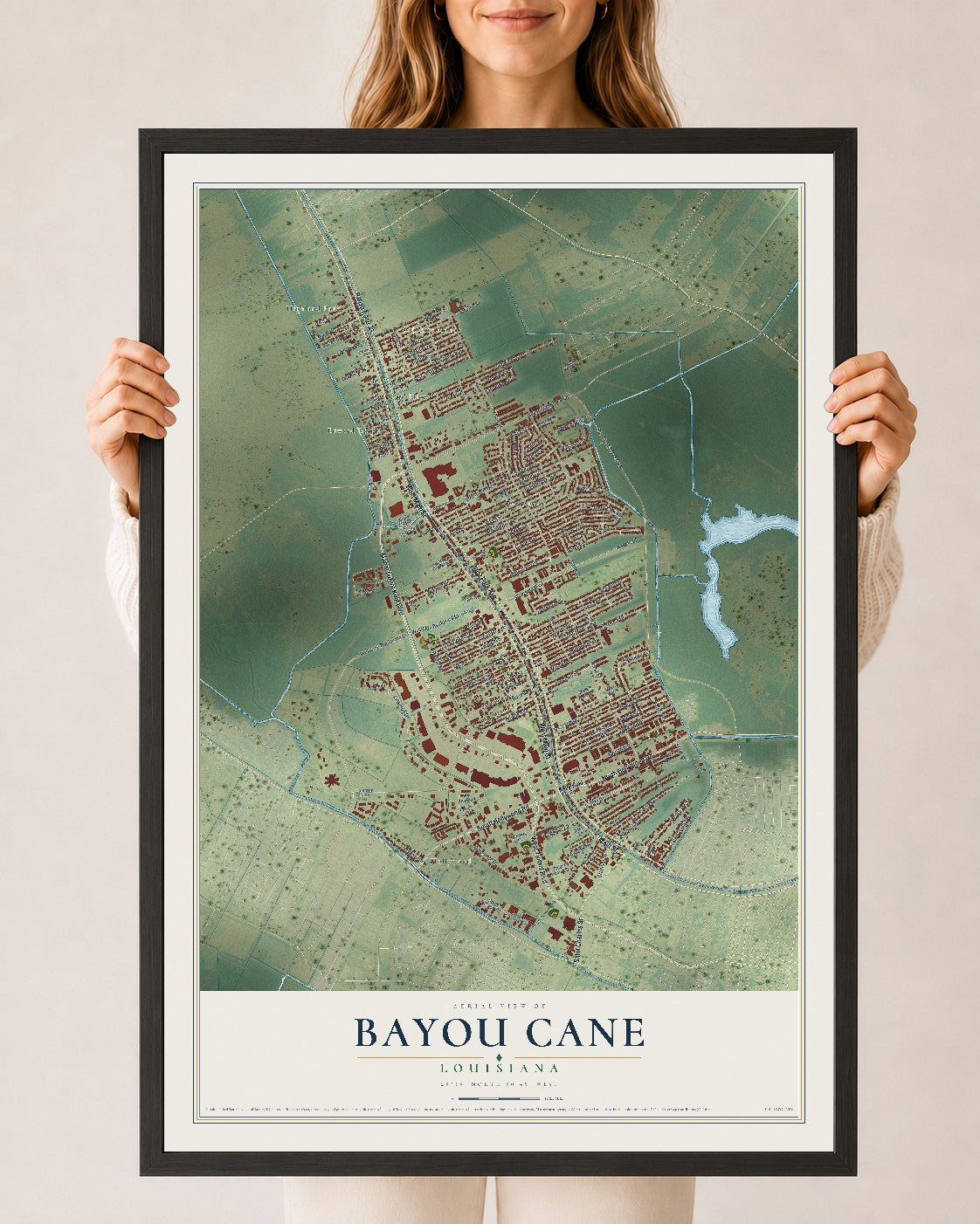 Map of Bayou Cane, Louisiana, 24 x 36 inch print in a black wood frame
