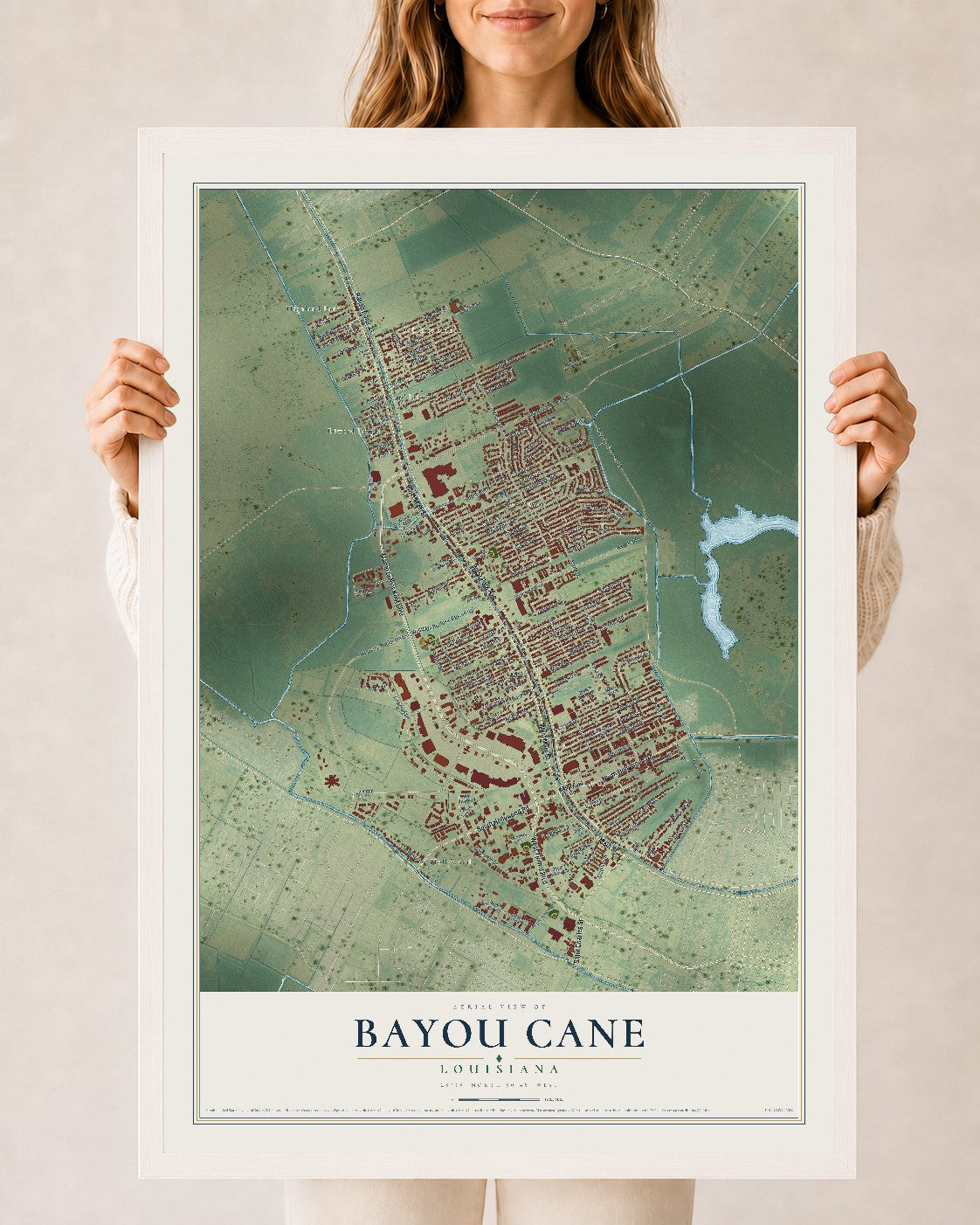 Map of Bayou Cane, Louisiana, 24 x 36 inch print in a white wood frame