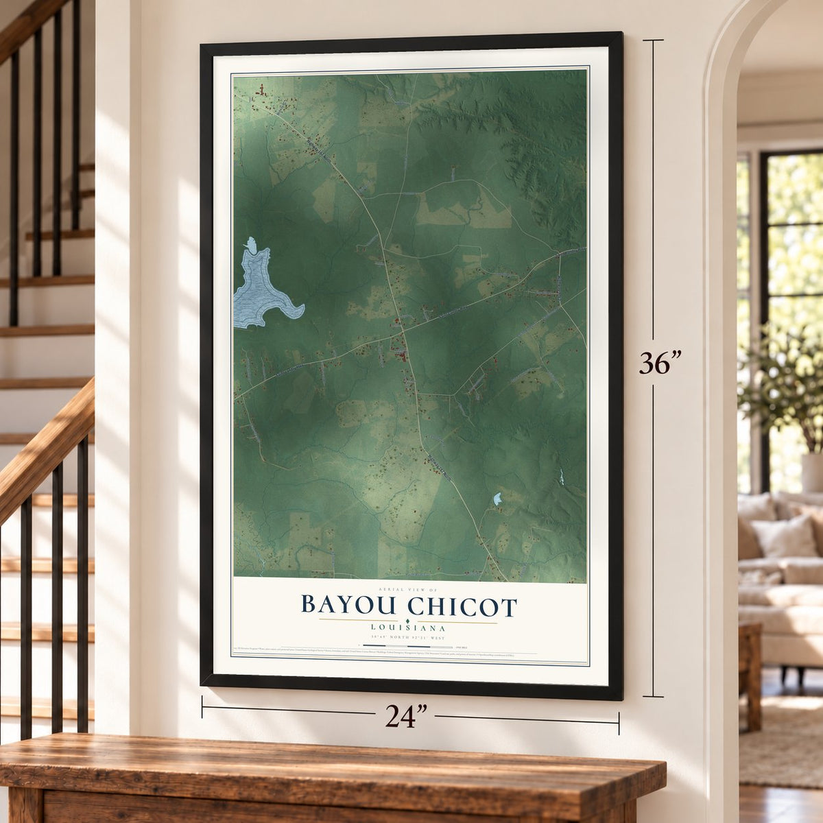 Bayou Chicot, Louisiana map, 24 x 36 inch print in a black frame by a staircase