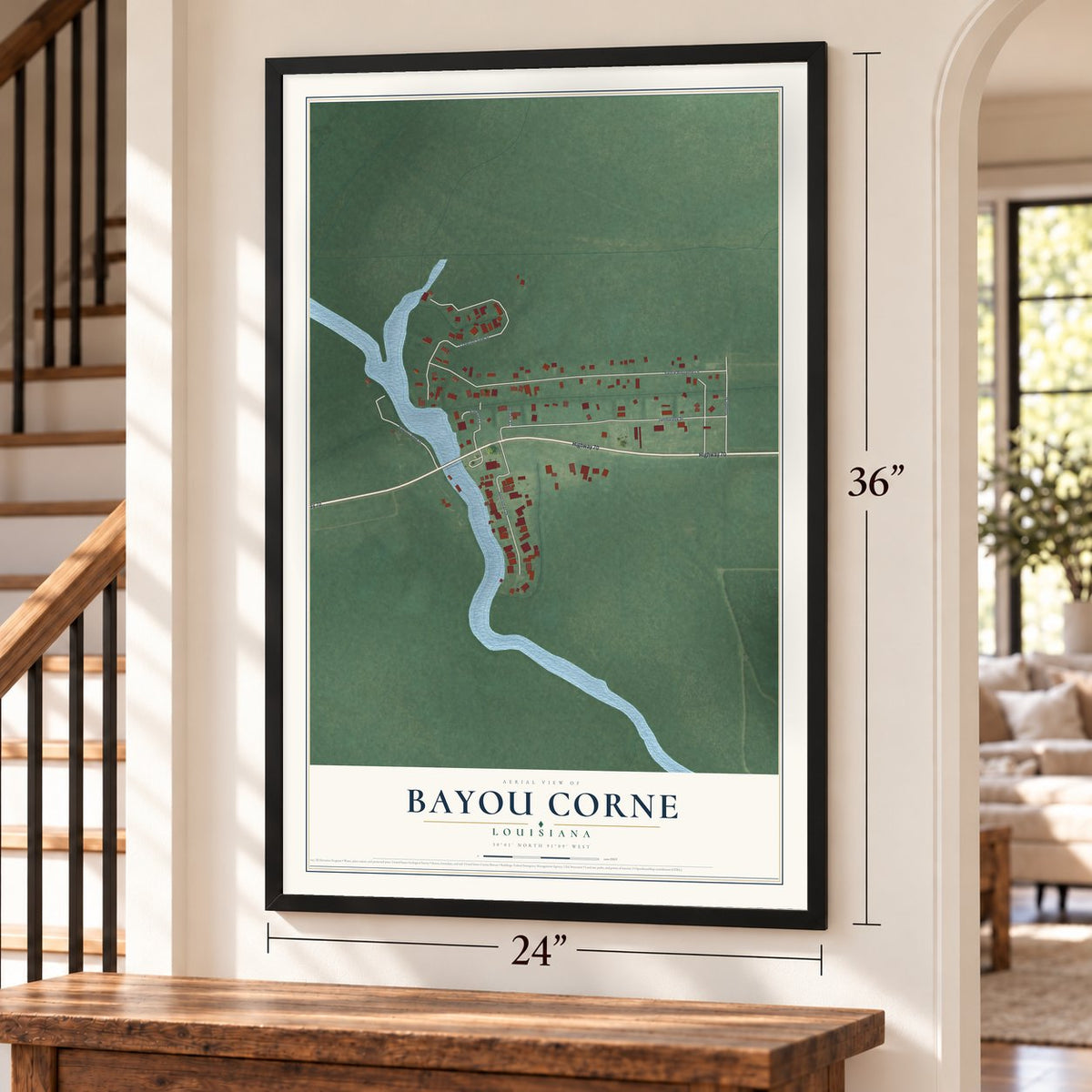 Bayou Corne, Louisiana map, 24 x 36 inch print in a black frame by a staircase