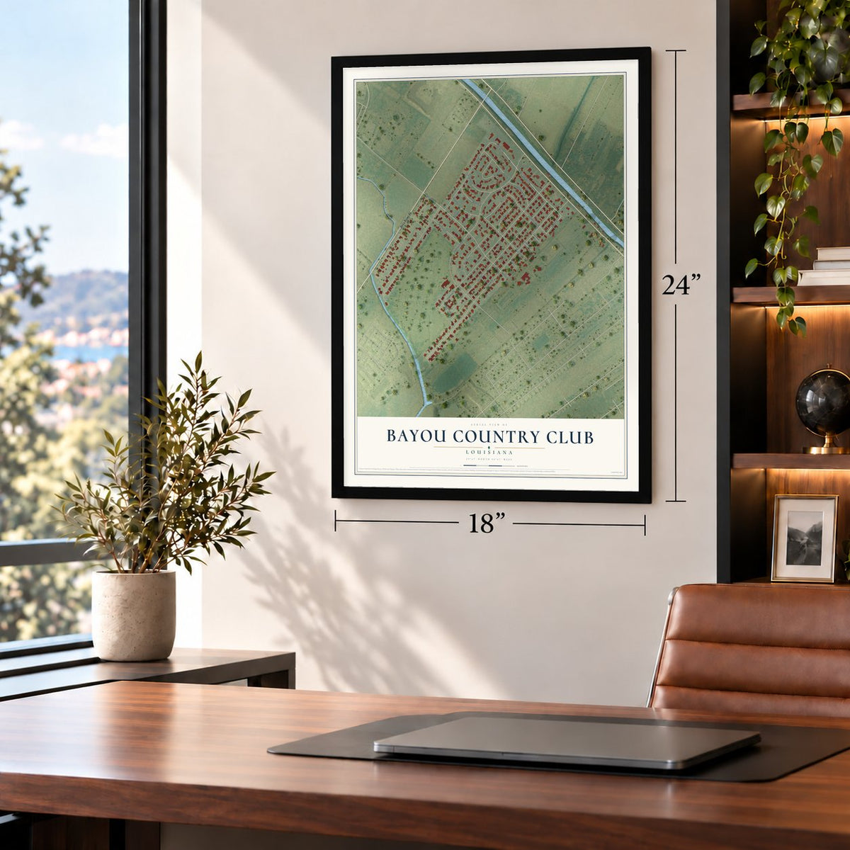 Bayou Country Club, Louisiana map, 18 x 24 inch print in a black frame in a home office