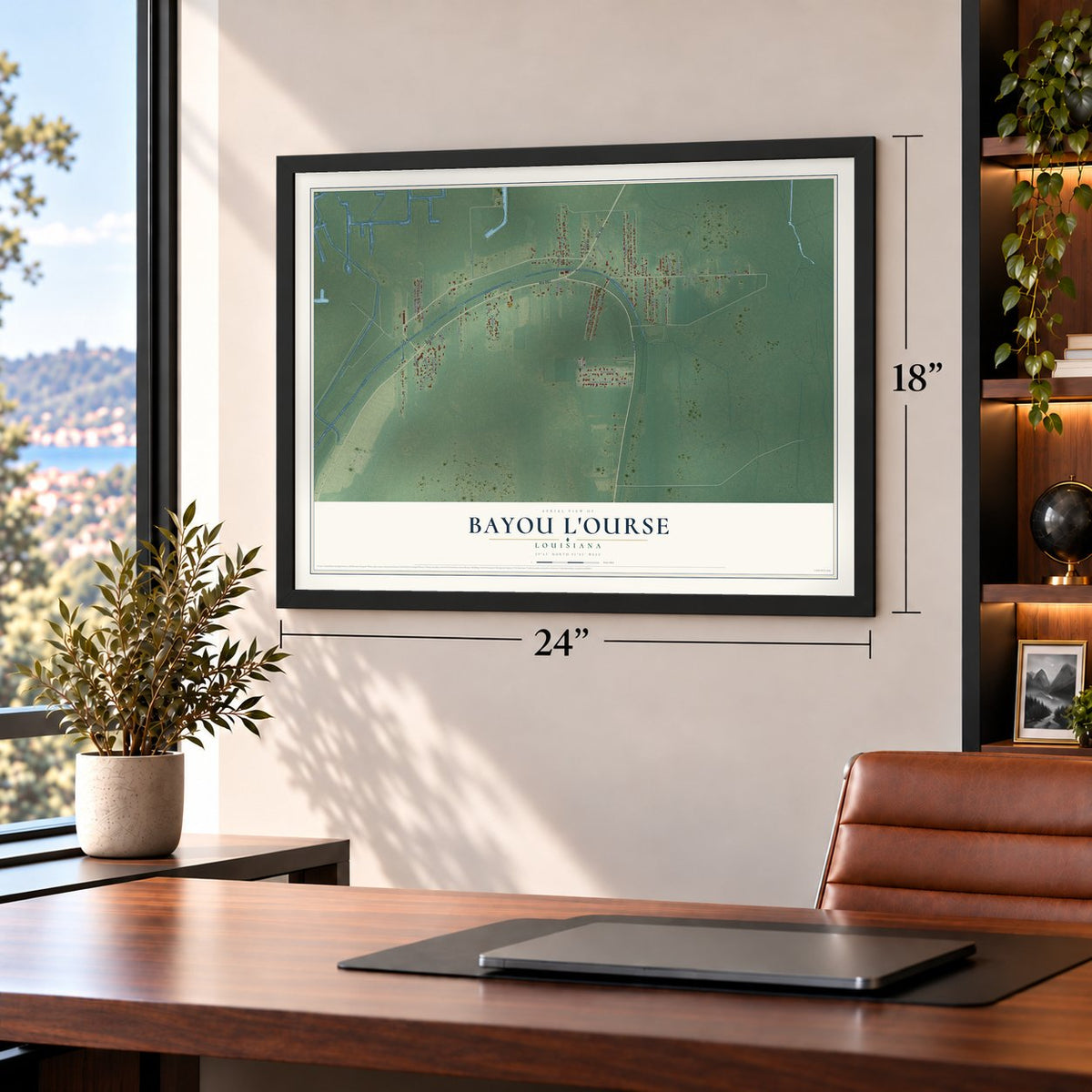 Bayou L'Ourse, Louisiana map, 18 x 24 inch print in a black frame in a home office