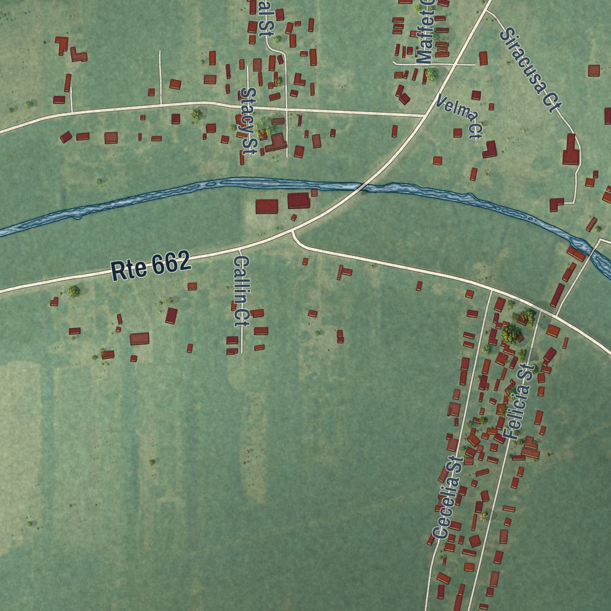 Close-up of the map of Bayou L'Ourse, Louisiana print showing street and building detail
