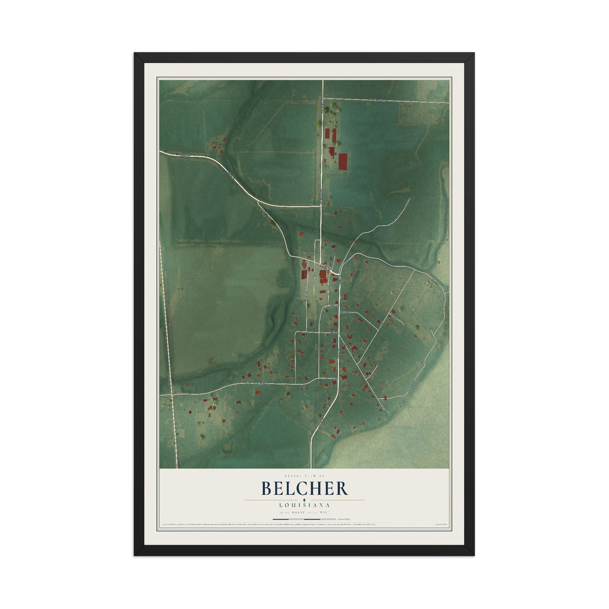 Map of Belcher, Louisiana, 12 x 18 inch print in a black wood frame