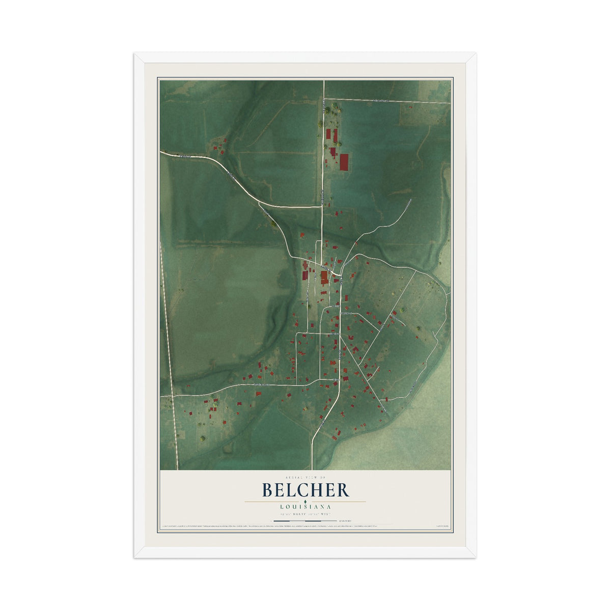 Map of Belcher, Louisiana, 12 x 18 inch print in a white wood frame