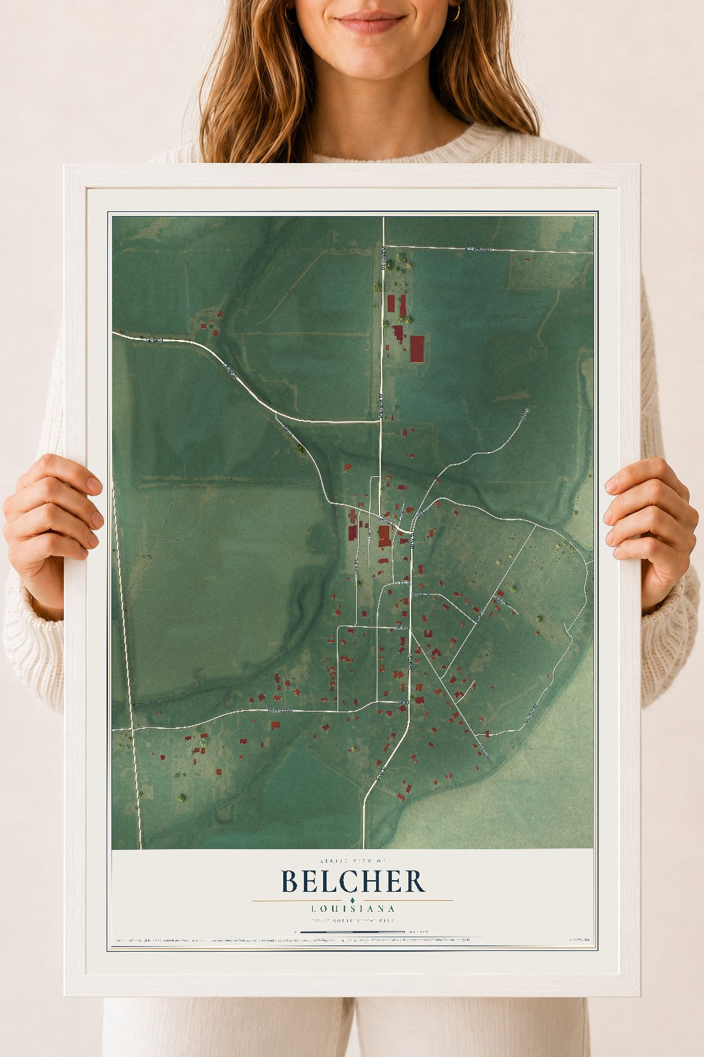Map of Belcher, Louisiana, 18 x 24 inch print in a white wood frame