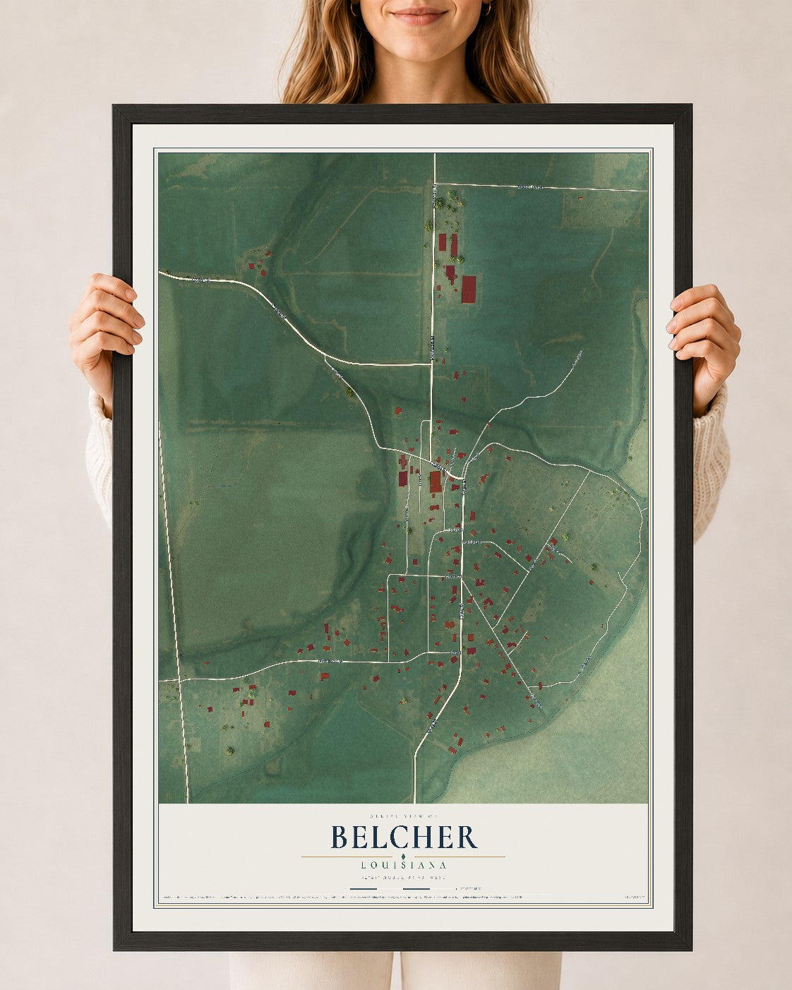Map of Belcher, Louisiana, 24 x 36 inch print in a black wood frame