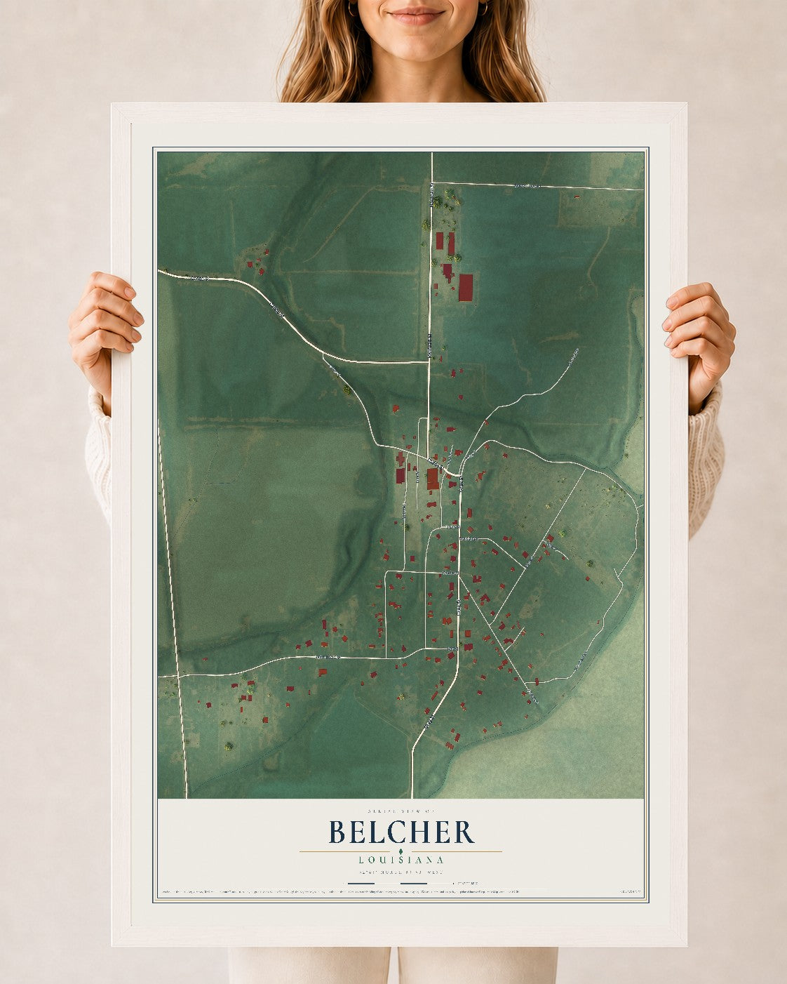 Map of Belcher, Louisiana, 24 x 36 inch print in a white wood frame