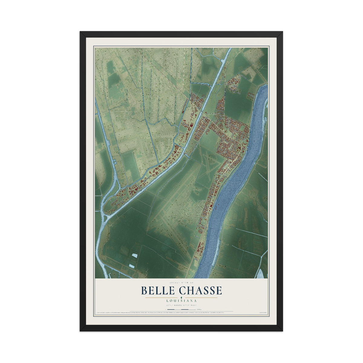 Map of Belle Chasse, Louisiana, 12 x 18 inch print in a black wood frame