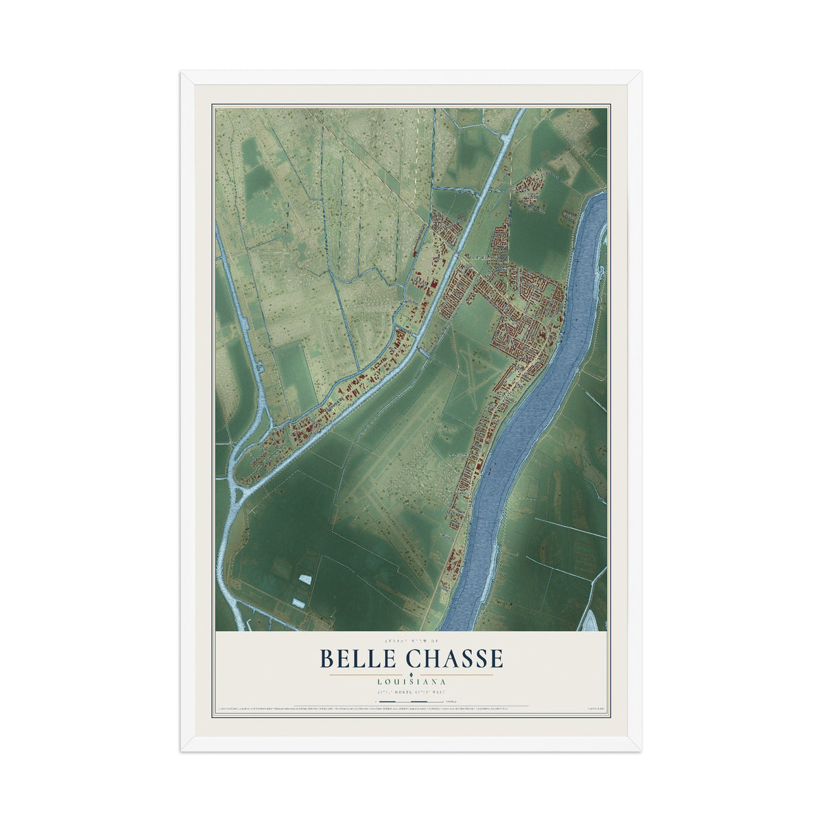 Map of Belle Chasse, Louisiana, 12 x 18 inch print in a white wood frame