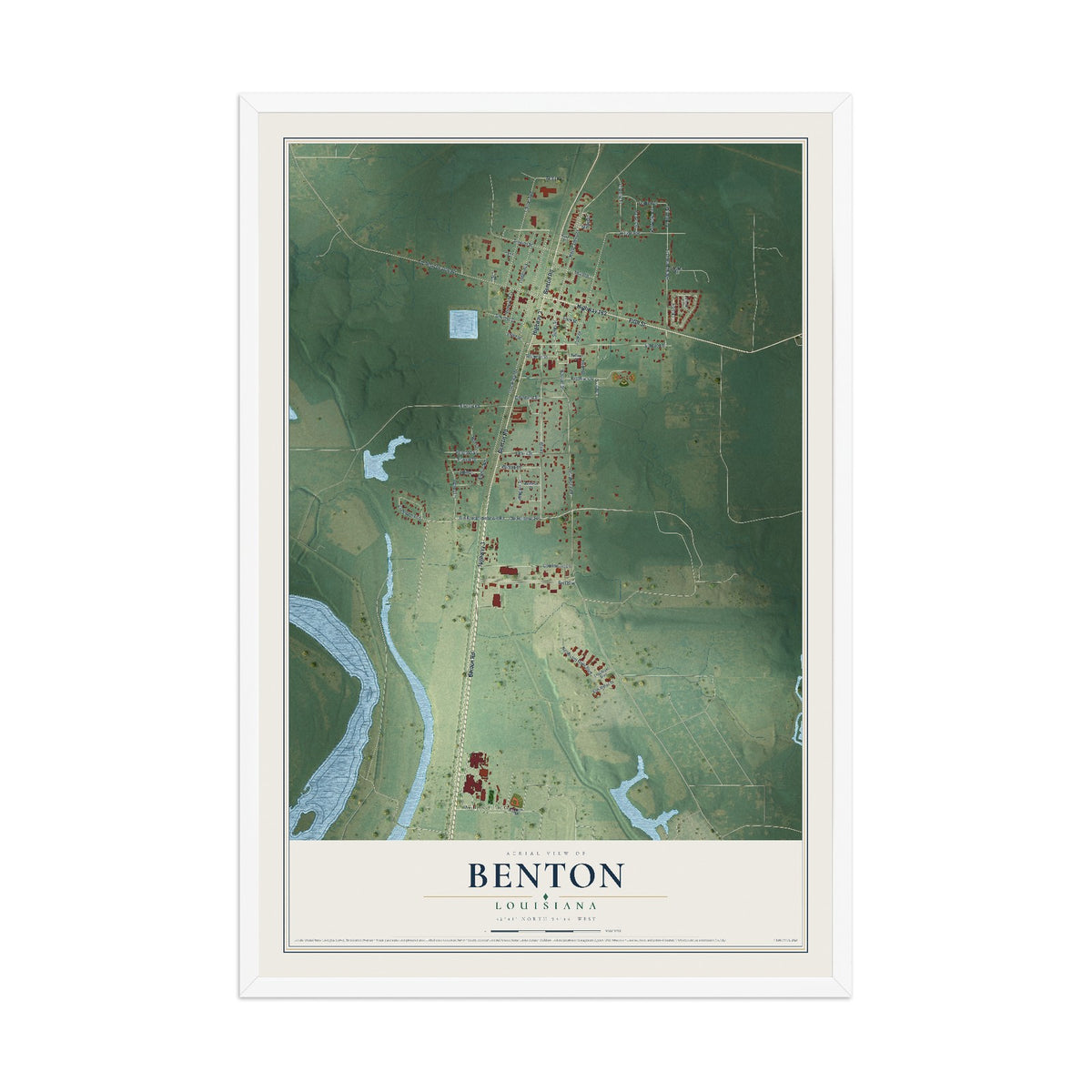 Map of Benton, Louisiana, 12 x 18 inch print in a white wood frame