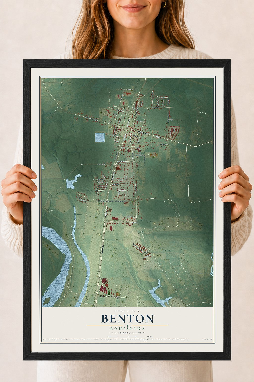 Map of Benton, Louisiana, 18 x 24 inch print in a black wood frame